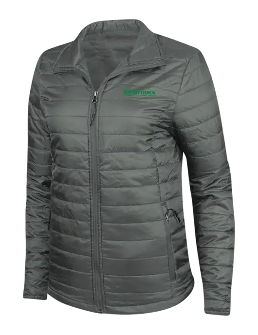 Dark Grey Womens Puffy Packable Jacket w/Intermex Logo