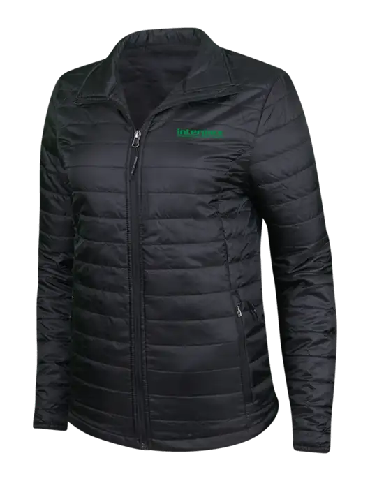Womens Black Puffy Packable Jacket w/Intermex Logo